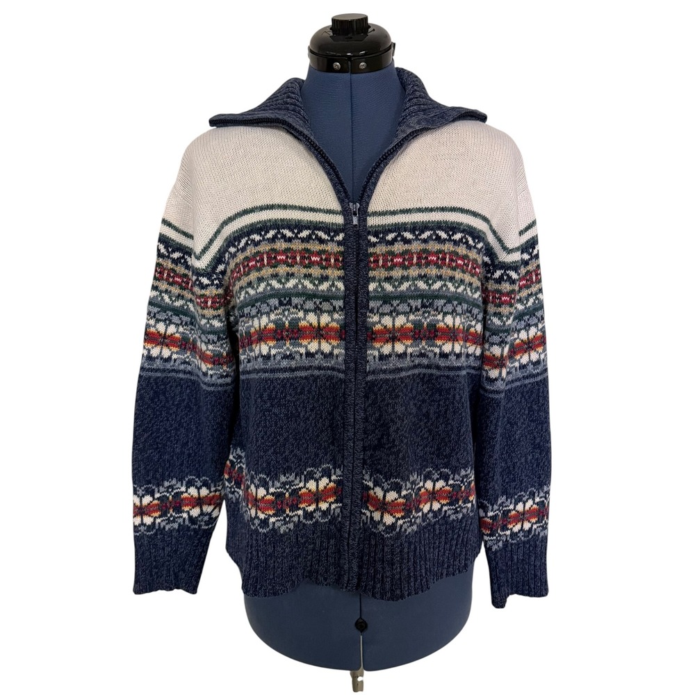 Vtg Tiara International Womens Fair Isle Full Zip Cardigan Sweater Blue Nordic L